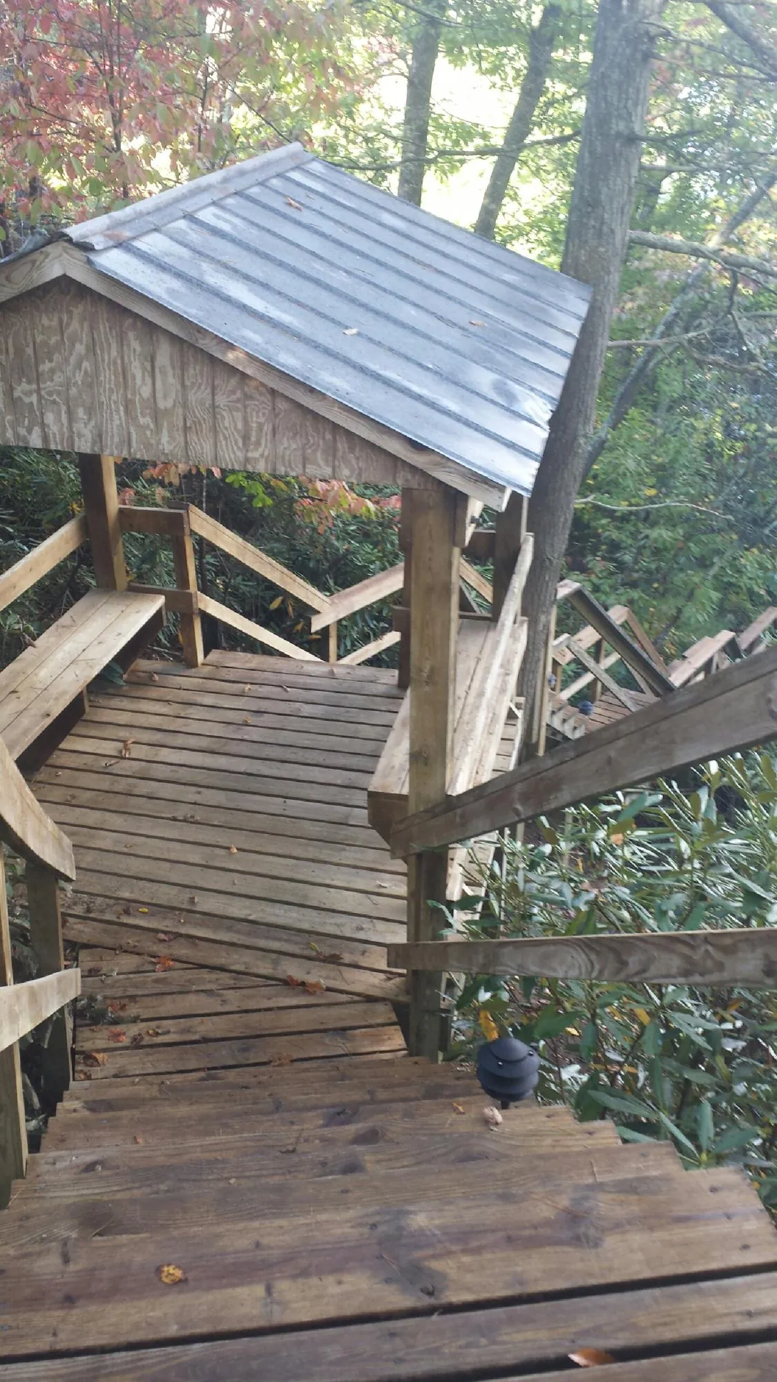 Metal roofed shelter over wooden steps on a wooded walkway — Skylight Repair & Installation work by our crew in Bridgeville